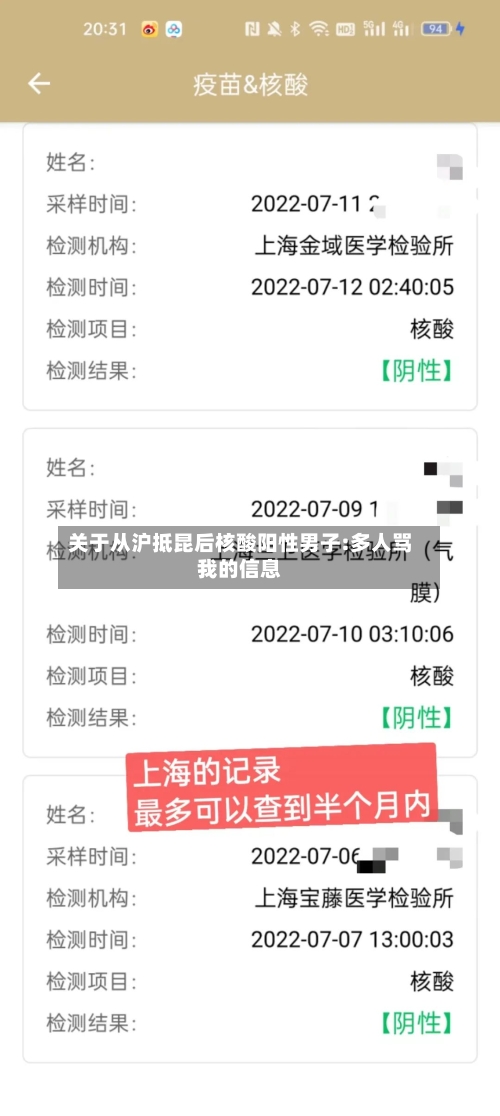 关于从沪抵昆后核酸阳性男子:多人骂我的信息